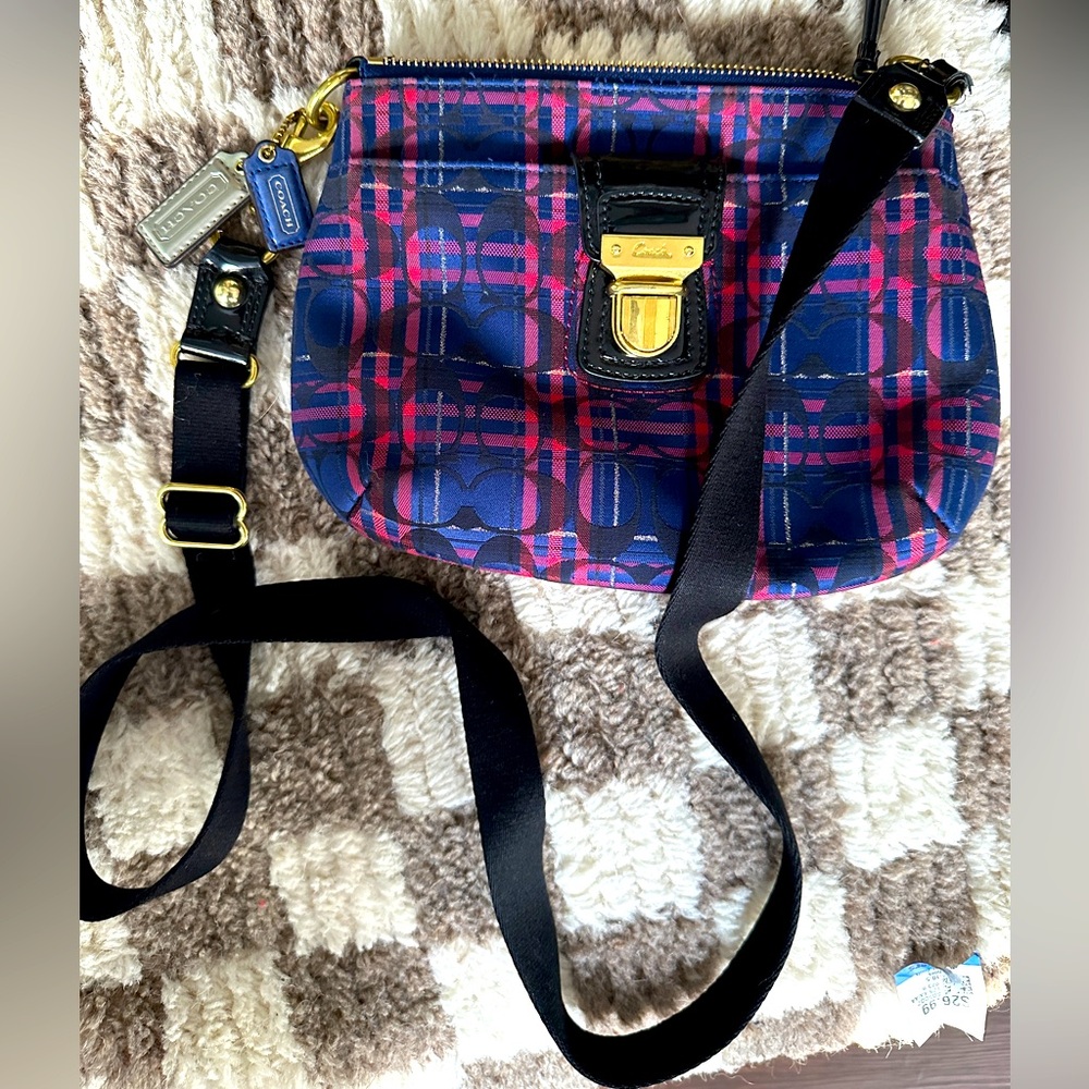 Coach Signature Blue Red Tartan Plaid wCrossbody Handbag Purse
